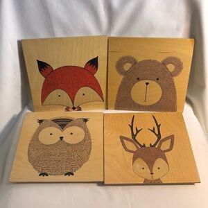 WOODLY 4 Wooden Wall Plaques With Depiction of Woodland Creatures Handcrafted